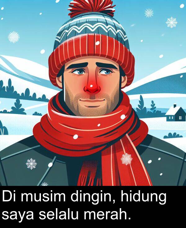 saya: Di musim dingin, hidung saya selalu merah.