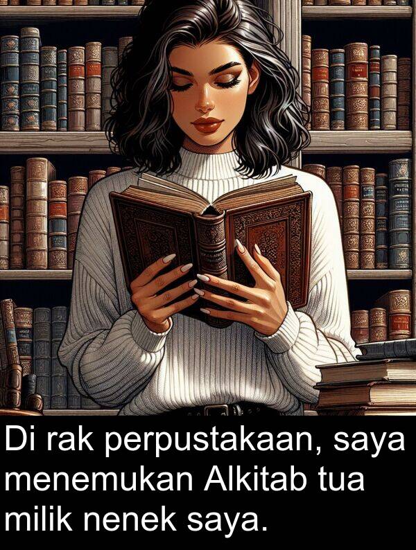 nenek: Di rak perpustakaan, saya menemukan Alkitab tua milik nenek saya.