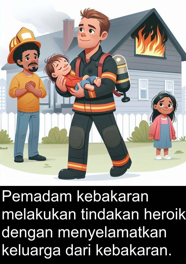 heroik: Pemadam kebakaran melakukan tindakan heroik dengan menyelamatkan keluarga dari kebakaran.