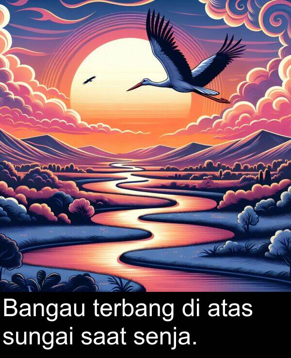 senja: Bangau terbang di atas sungai saat senja.
