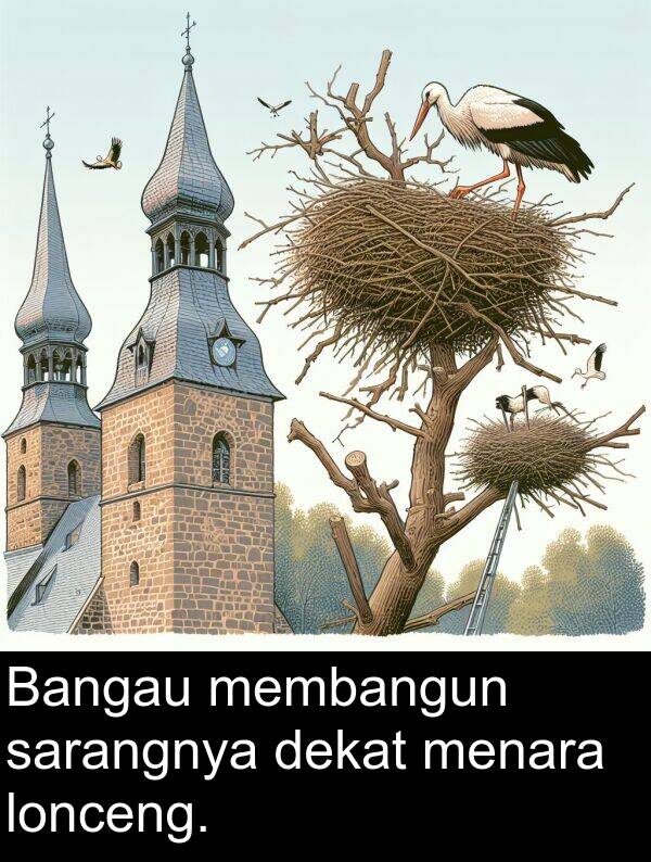 sarangnya: Bangau membangun sarangnya dekat menara lonceng.