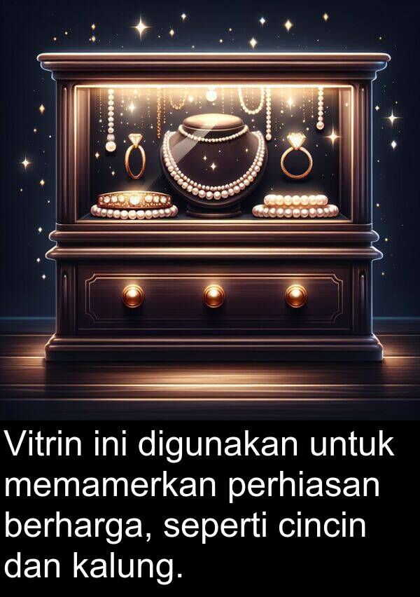 memamerkan: Vitrin ini digunakan untuk memamerkan perhiasan berharga, seperti cincin dan kalung.