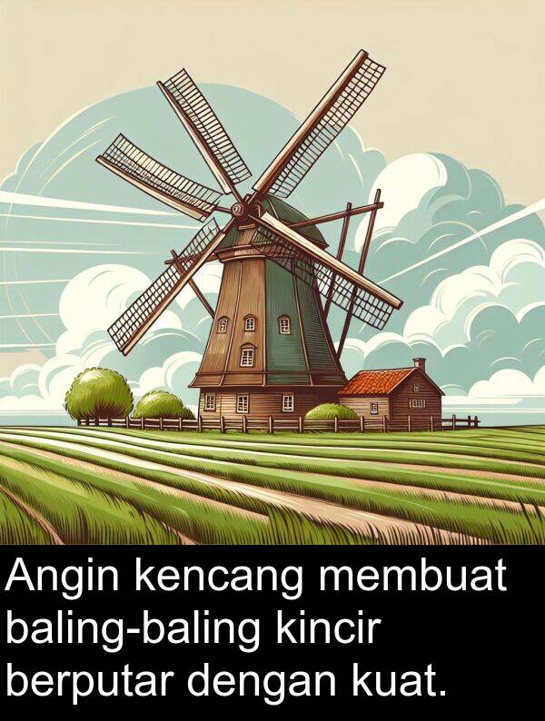 berputar: Angin kencang membuat baling-baling kincir berputar dengan kuat.