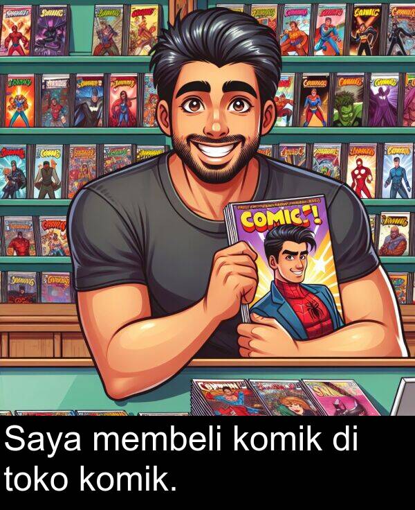 membeli: Saya membeli komik di toko komik.