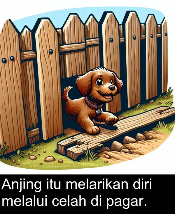 pagar: Anjing itu melarikan diri melalui celah di pagar.