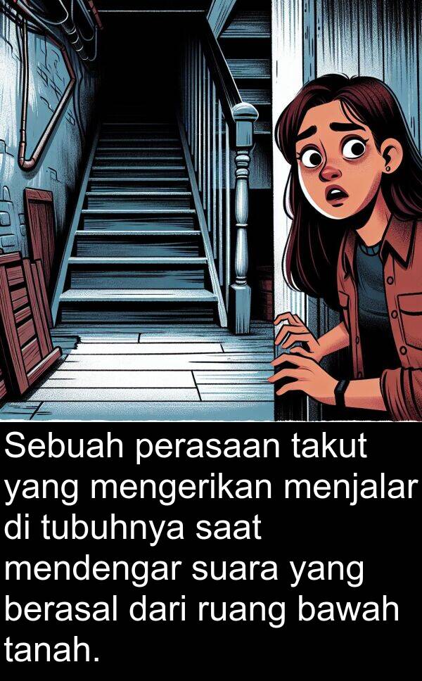 ruang: Sebuah perasaan takut yang mengerikan menjalar di tubuhnya saat mendengar suara yang berasal dari ruang bawah tanah.