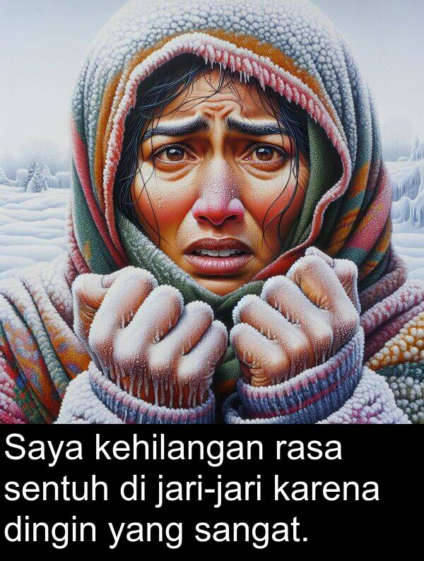 rasa: Saya kehilangan rasa sentuh di jari-jari karena dingin yang sangat.