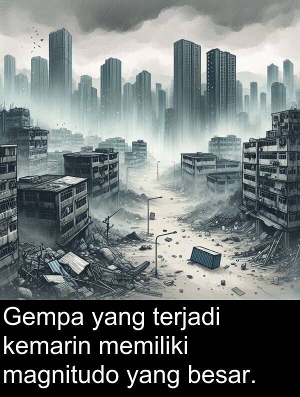 magnitudo: Gempa yang terjadi kemarin memiliki magnitudo yang besar.