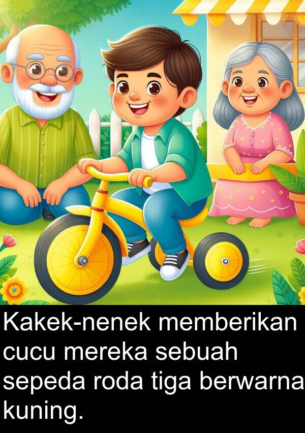 roda: Kakek-nenek memberikan cucu mereka sebuah sepeda roda tiga berwarna kuning.