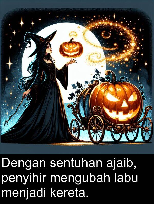 sentuhan: Dengan sentuhan ajaib, penyihir mengubah labu menjadi kereta.