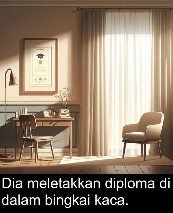 meletakkan: Dia meletakkan diploma di dalam bingkai kaca.
