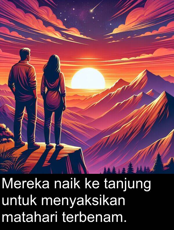 naik: Mereka naik ke tanjung untuk menyaksikan matahari terbenam.