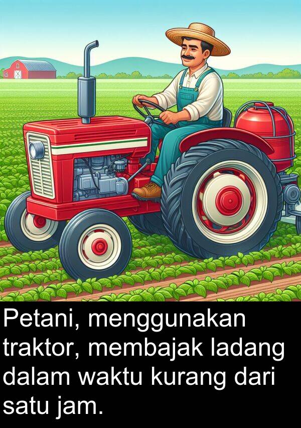 jam: Petani, menggunakan traktor, membajak ladang dalam waktu kurang dari satu jam.