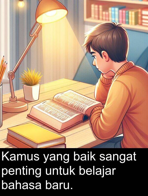 bahasa: Kamus yang baik sangat penting untuk belajar bahasa baru.