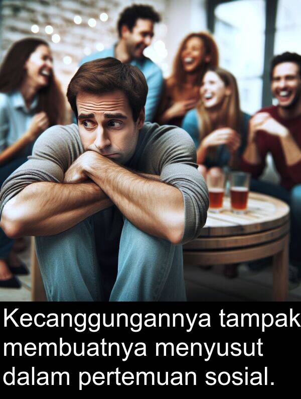 tampak: Kecanggungannya tampak membuatnya menyusut dalam pertemuan sosial.
