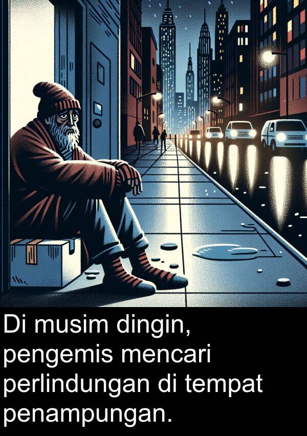 penampungan: Di musim dingin, pengemis mencari perlindungan di tempat penampungan.