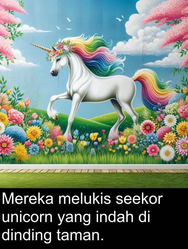 melukis: Mereka melukis seekor unicorn yang indah di dinding taman.