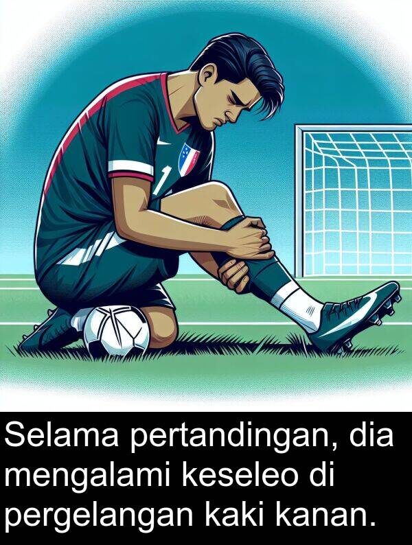 keseleo: Selama pertandingan, dia mengalami keseleo di pergelangan kaki kanan.