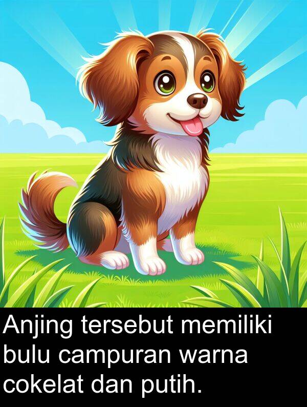 warna: Anjing tersebut memiliki bulu campuran warna cokelat dan putih.