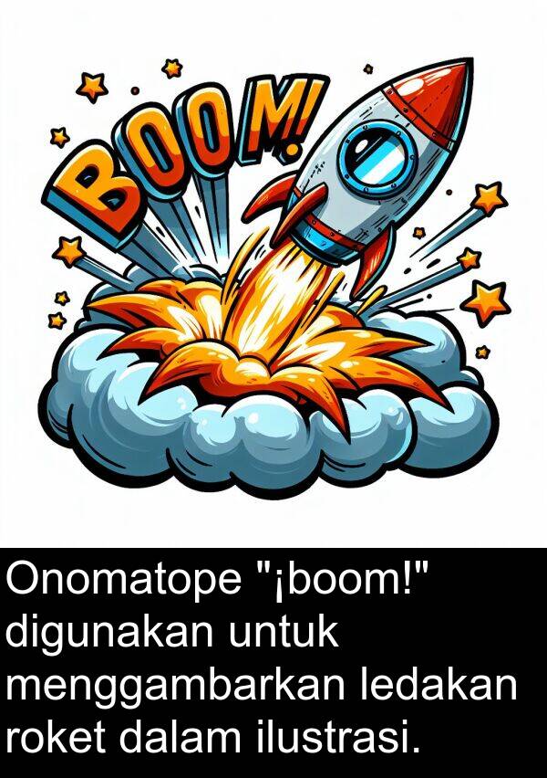 ledakan: Onomatope "¡boom!" digunakan untuk menggambarkan ledakan roket dalam ilustrasi.