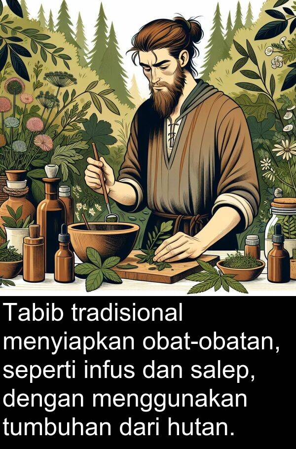 salep: Tabib tradisional menyiapkan obat-obatan, seperti infus dan salep, dengan menggunakan tumbuhan dari hutan.