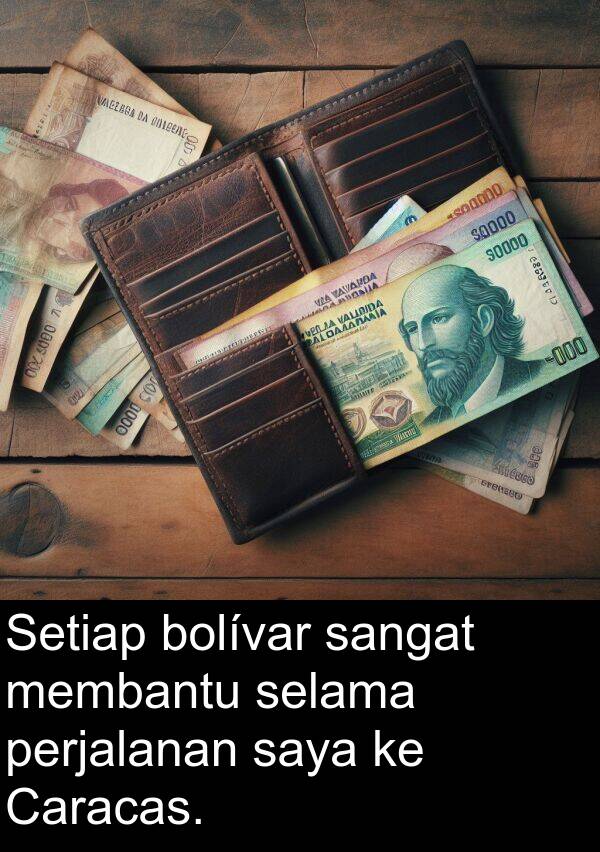 selama: Setiap bolívar sangat membantu selama perjalanan saya ke Caracas.
