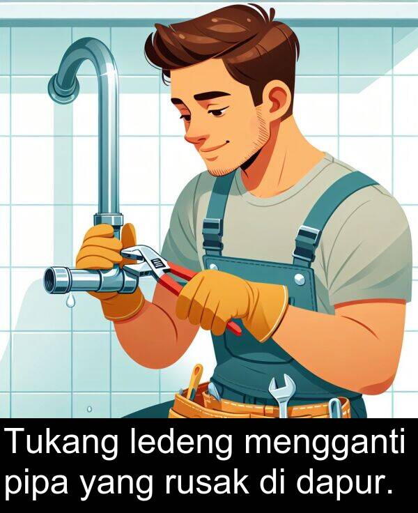 ledeng: Tukang ledeng mengganti pipa yang rusak di dapur.