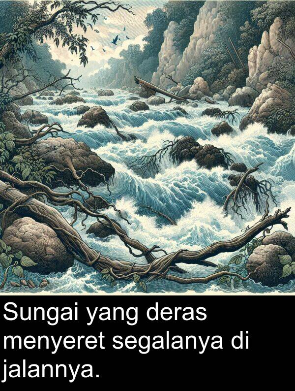 segalanya: Sungai yang deras menyeret segalanya di jalannya.