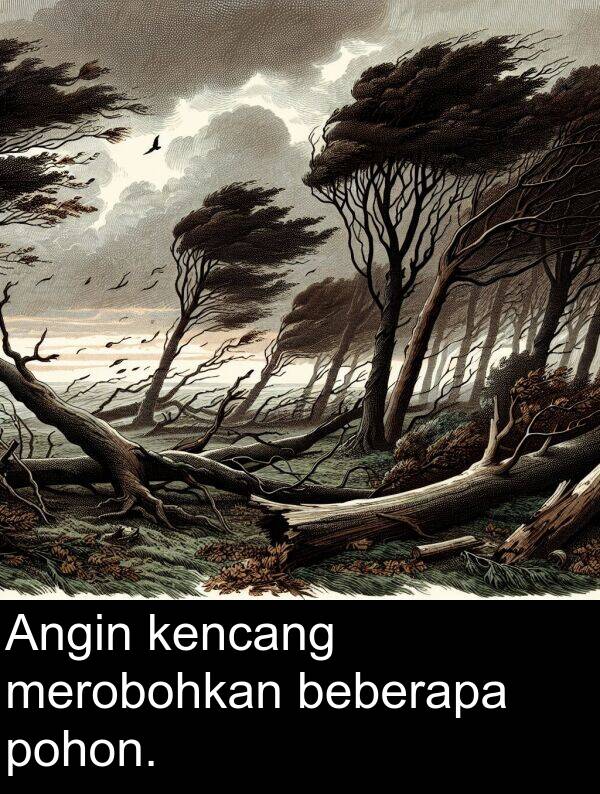 merobohkan: Angin kencang merobohkan beberapa pohon.