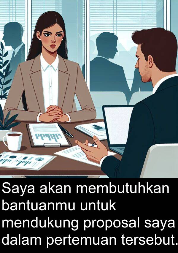 mendukung: Saya akan membutuhkan bantuanmu untuk mendukung proposal saya dalam pertemuan tersebut.