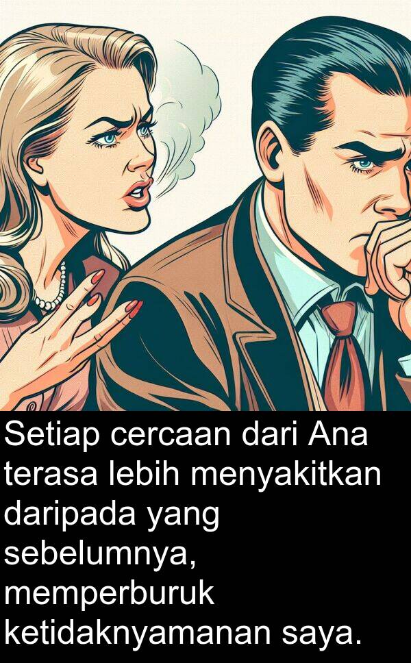 sebelumnya: Setiap cercaan dari Ana terasa lebih menyakitkan daripada yang sebelumnya, memperburuk ketidaknyamanan saya.