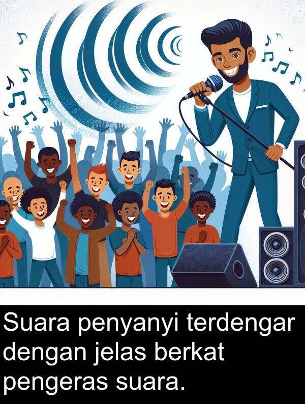 jelas: Suara penyanyi terdengar dengan jelas berkat pengeras suara.