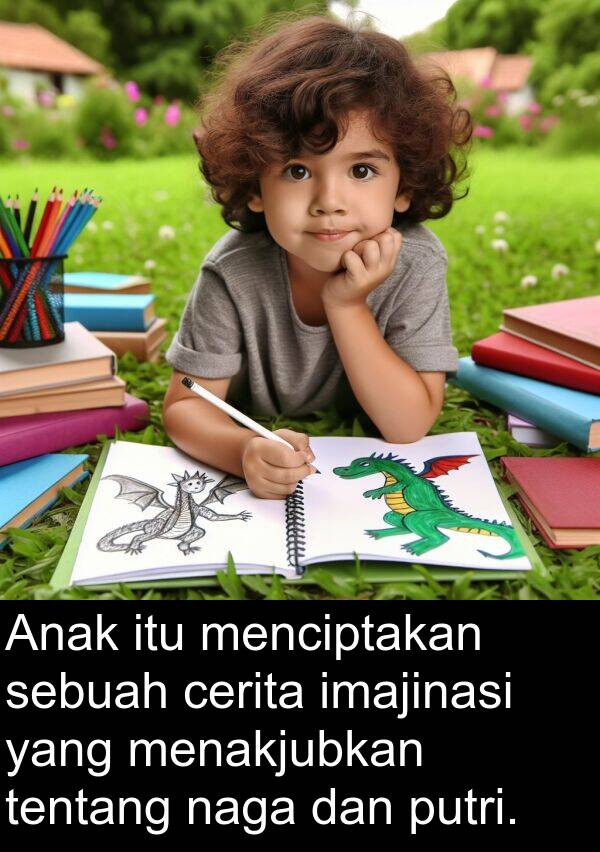 naga: Anak itu menciptakan sebuah cerita imajinasi yang menakjubkan tentang naga dan putri.