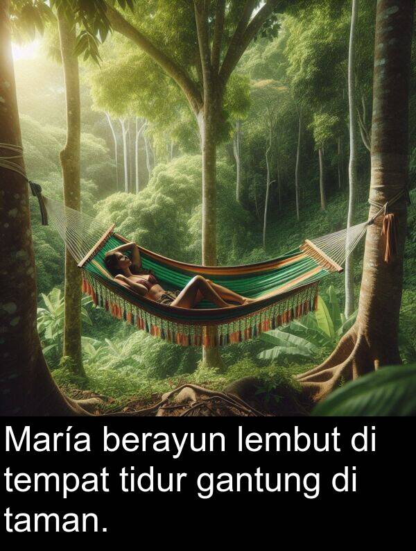 taman: María berayun lembut di tempat tidur gantung di taman.