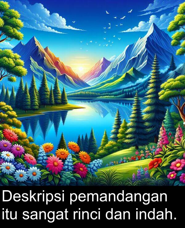 rinci: Deskripsi pemandangan itu sangat rinci dan indah.