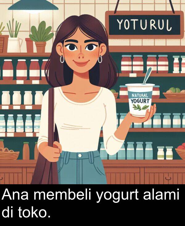 yogurt: Ana membeli yogurt alami di toko.
