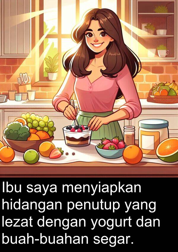 segar: Ibu saya menyiapkan hidangan penutup yang lezat dengan yogurt dan buah-buahan segar.
