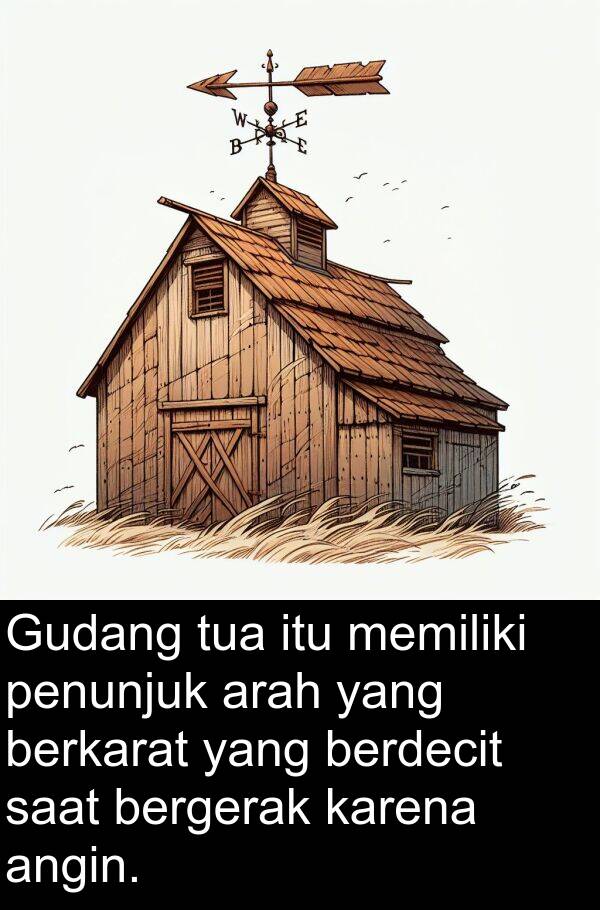 berkarat: Gudang tua itu memiliki penunjuk arah yang berkarat yang berdecit saat bergerak karena angin.