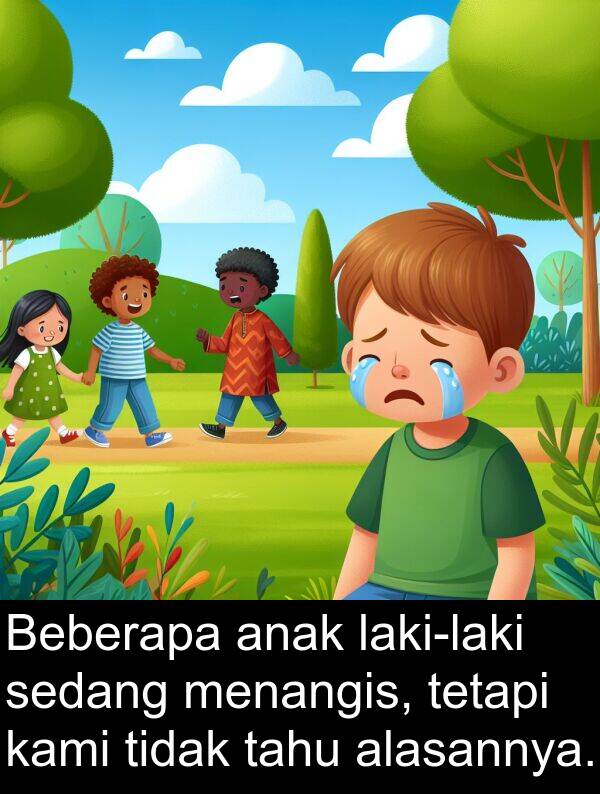 sedang: Beberapa anak laki-laki sedang menangis, tetapi kami tidak tahu alasannya.