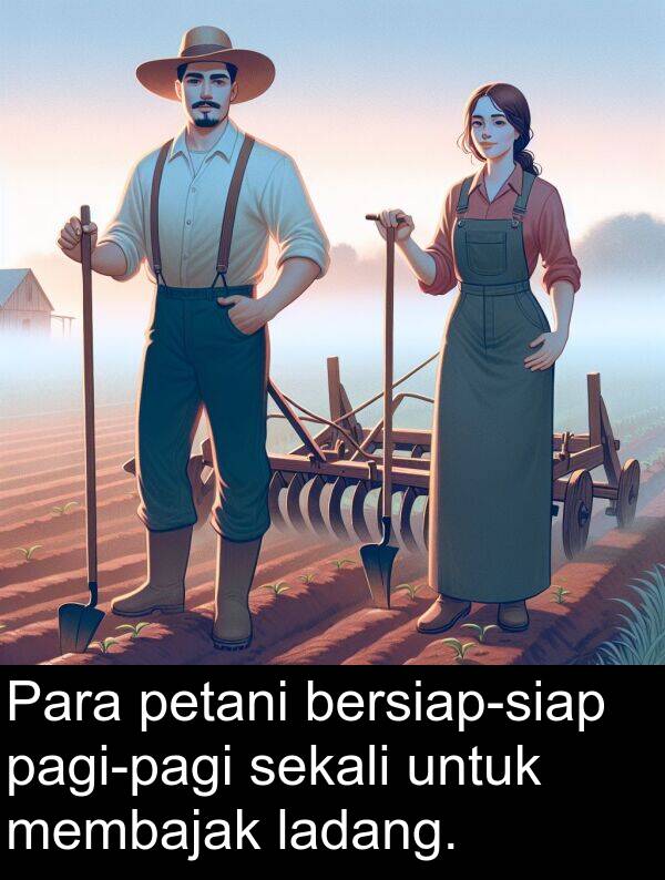 membajak: Para petani bersiap-siap pagi-pagi sekali untuk membajak ladang.