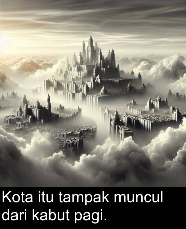 tampak: Kota itu tampak muncul dari kabut pagi.