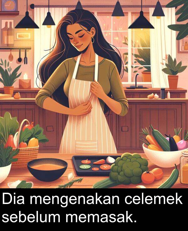memasak: Dia mengenakan celemek sebelum memasak.