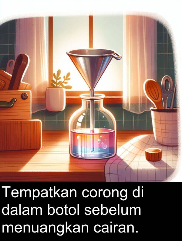 sebelum: Tempatkan corong di dalam botol sebelum menuangkan cairan.