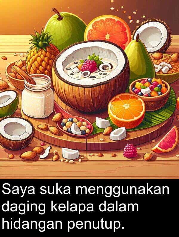 menggunakan: Saya suka menggunakan daging kelapa dalam hidangan penutup.