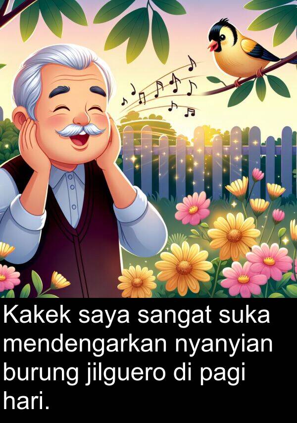 nyanyian: Kakek saya sangat suka mendengarkan nyanyian burung jilguero di pagi hari.