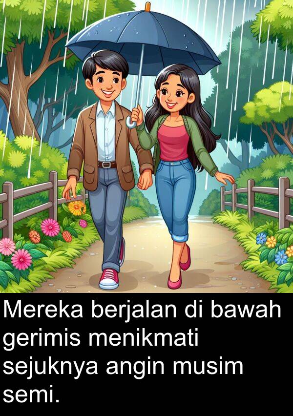 sejuknya: Mereka berjalan di bawah gerimis menikmati sejuknya angin musim semi.