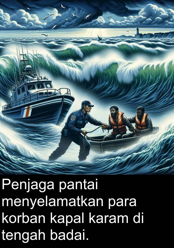 pantai: Penjaga pantai menyelamatkan para korban kapal karam di tengah badai.