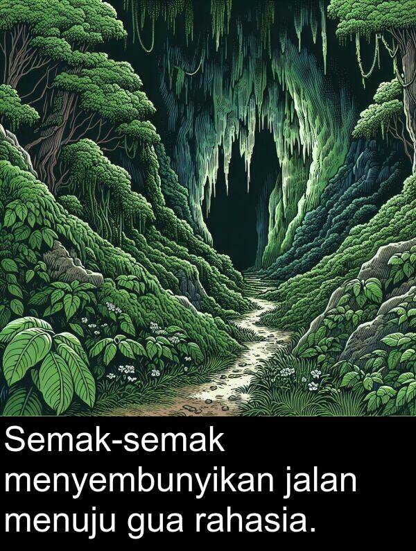 rahasia: Semak-semak menyembunyikan jalan menuju gua rahasia.