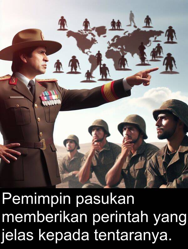 jelas: Pemimpin pasukan memberikan perintah yang jelas kepada tentaranya.