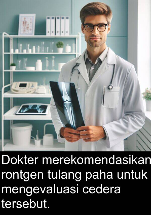 paha: Dokter merekomendasikan rontgen tulang paha untuk mengevaluasi cedera tersebut.